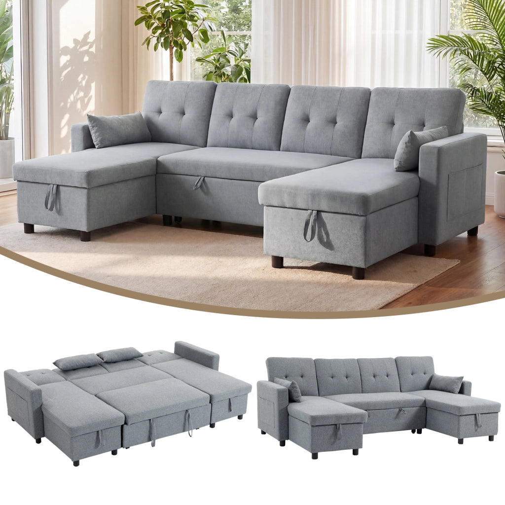 Divano letto angolare con contenitore ¨C Minimal ¨C Grigio, Tessuto, 240x220x90 cm