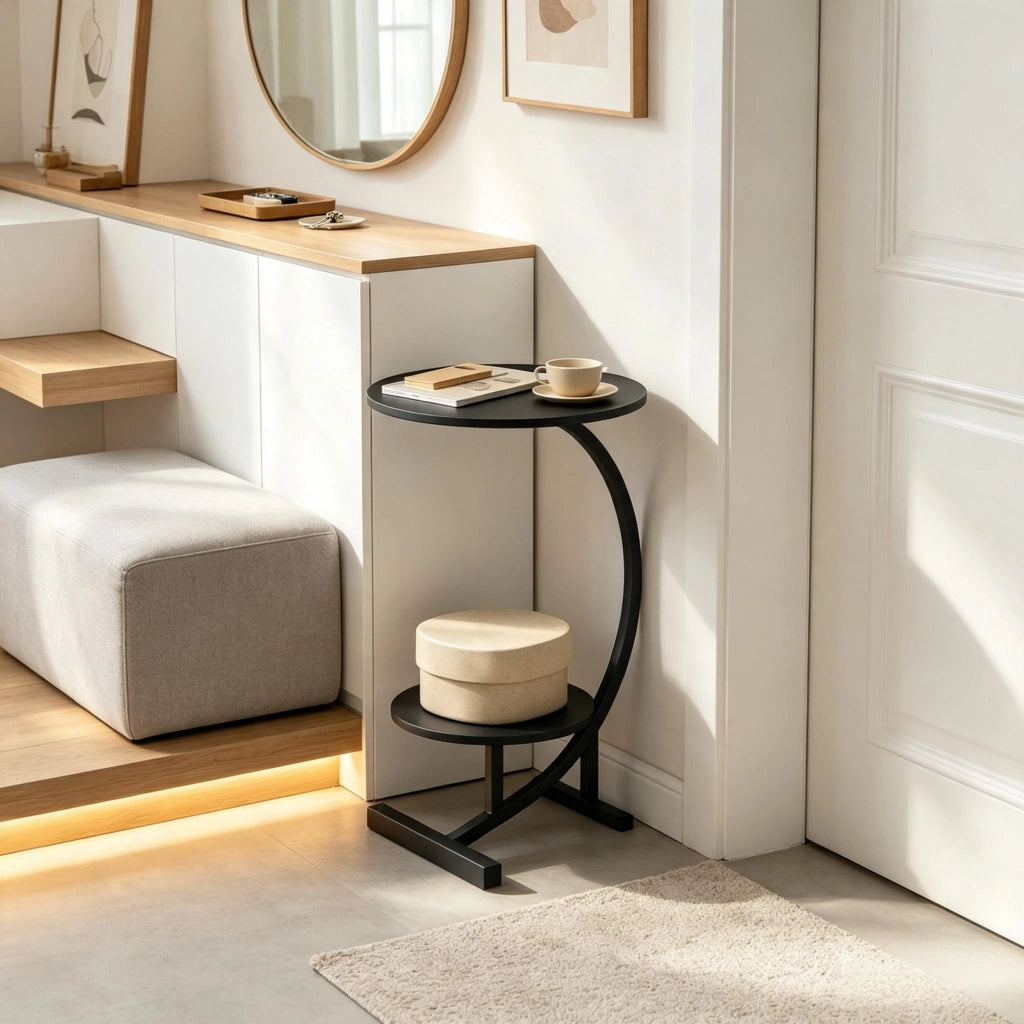 TAVOLINO Ø40+Ø30x66 cm Nero in MDF e Metallo