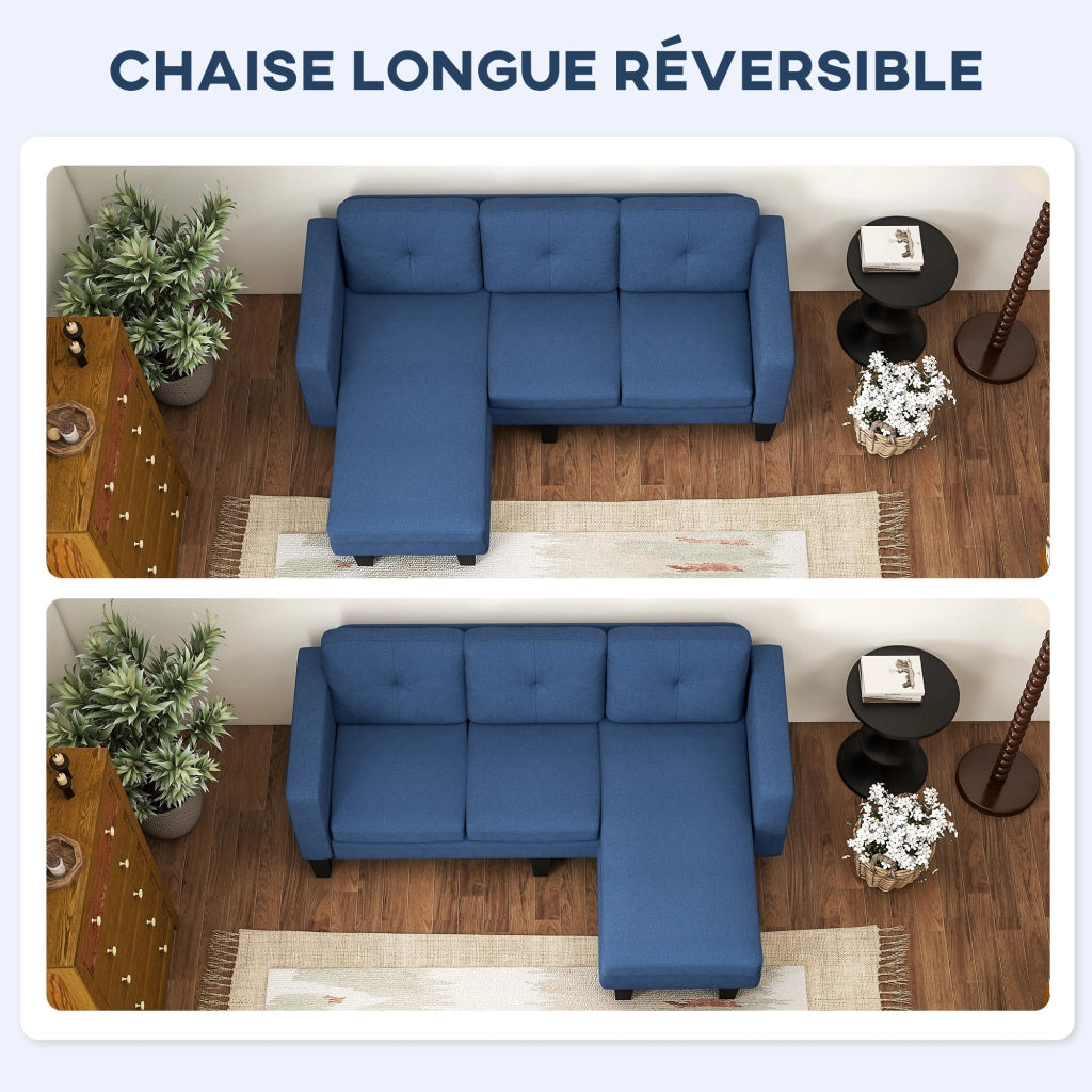 Divano Angolare 3 Posti con Chaise Longue Reversibile ¨C Zephmum ¨C Blu Tessuto Trapuntato