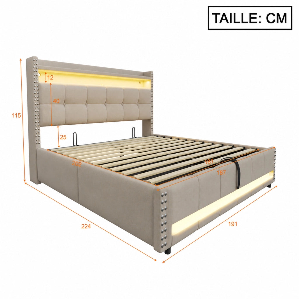 DESMIU Letto Imbottito 180 × 200 cm 2 posti con LED, USB, ripiani e contenitore, senza materasso, in lino, beige