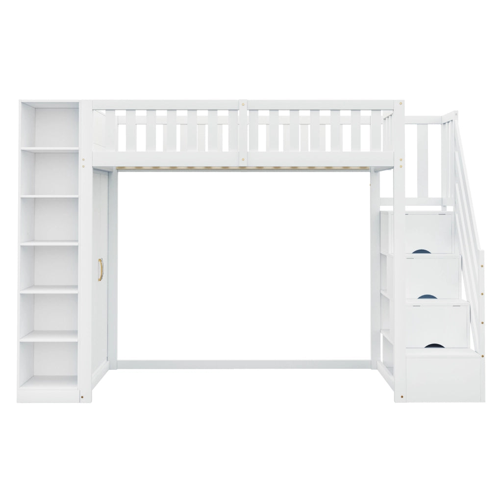 DESMIU Letto a soppalco 1 posto con armadio, scaffali e scala contenitore 90 × 200 cm, senza materasso, bianco