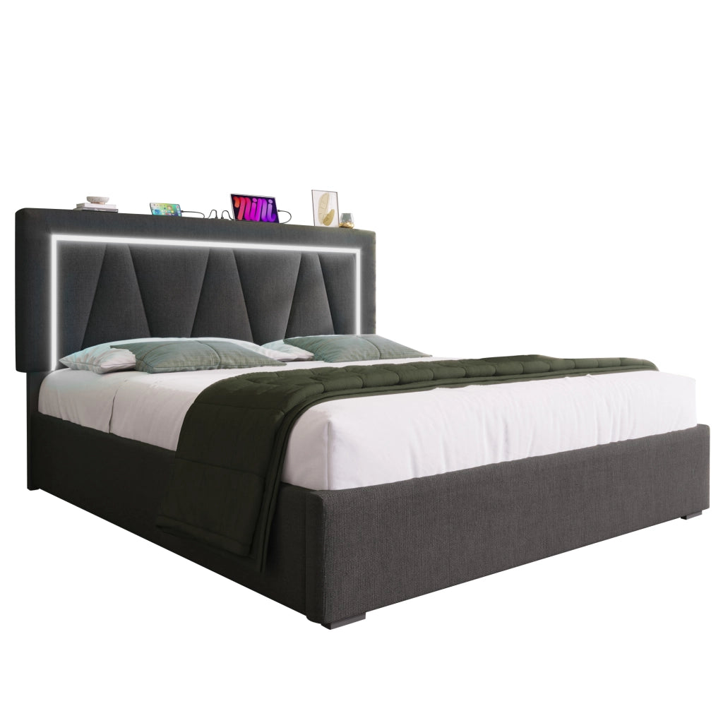 Letto Contenitore Imbottito LED ¨C MINIMAL ¨C Tessuto Lino 160x200 con Rete a Doghe