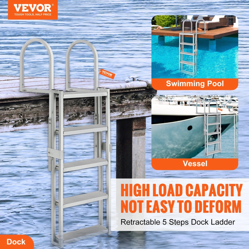 Scaletta per Pontile Retrattile 5 Gradini in Alluminio Portata 158 kg Altezza Regolabile 1700-2005 mm per Barca e Piscina