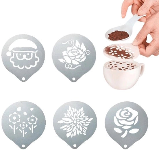 Stencili per Caffè 5 Pezzi - Acciaio Inossidabile - Riciclabili - Sfumature per Caffè - Decorazione per Torte - Resistenti al Calore - Sfumature per Caffè Riciclabili