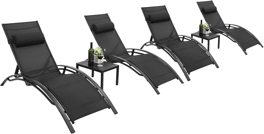 Lettino Prendisole, Set 4 Lettino da Giardino Alluminio, con Tavolo e Cuscino Poggiatesta, Resistente alle Intemperie, Regolabile Sdraio da Giardino, Spiaggia, Piscine, balcone, Grigio, 4 PCS