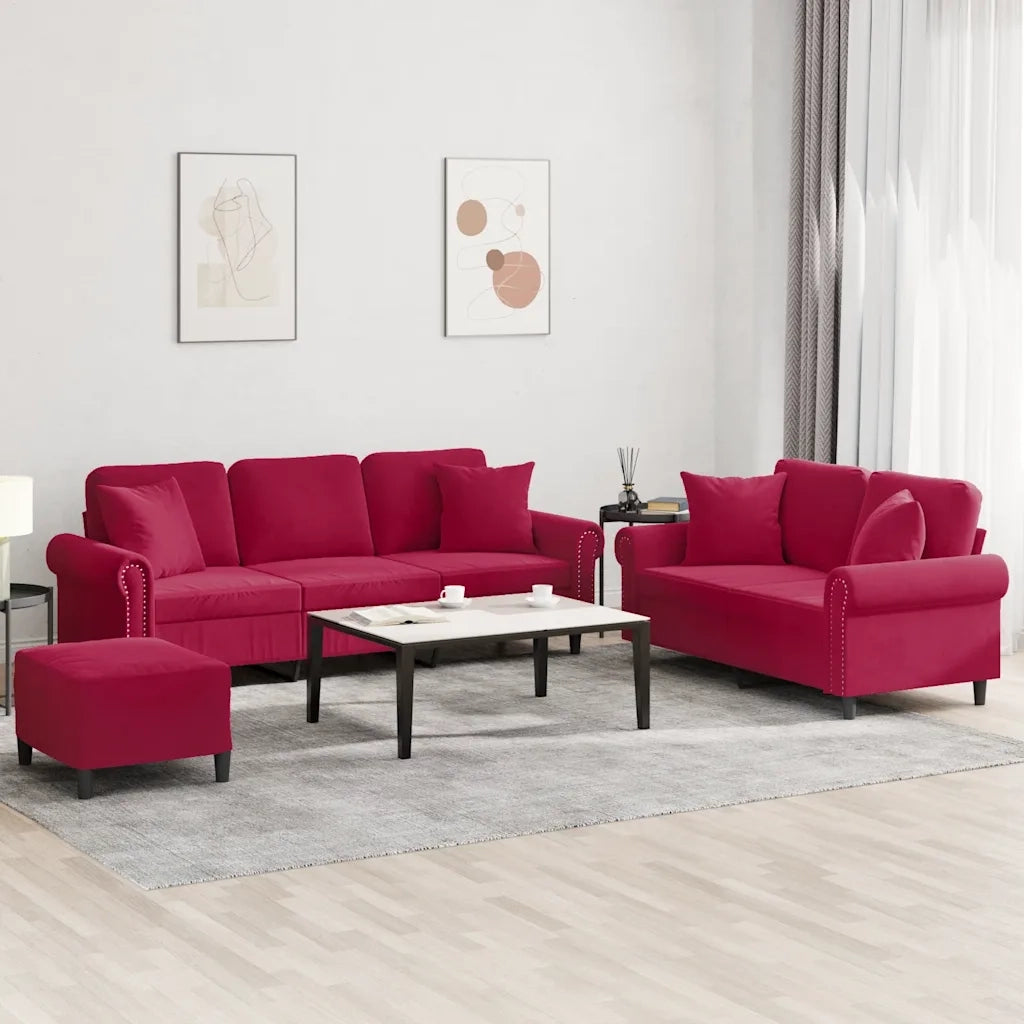 Set di Divani 3 pz con Cuscini Rosso Vino in Velluto 3202284