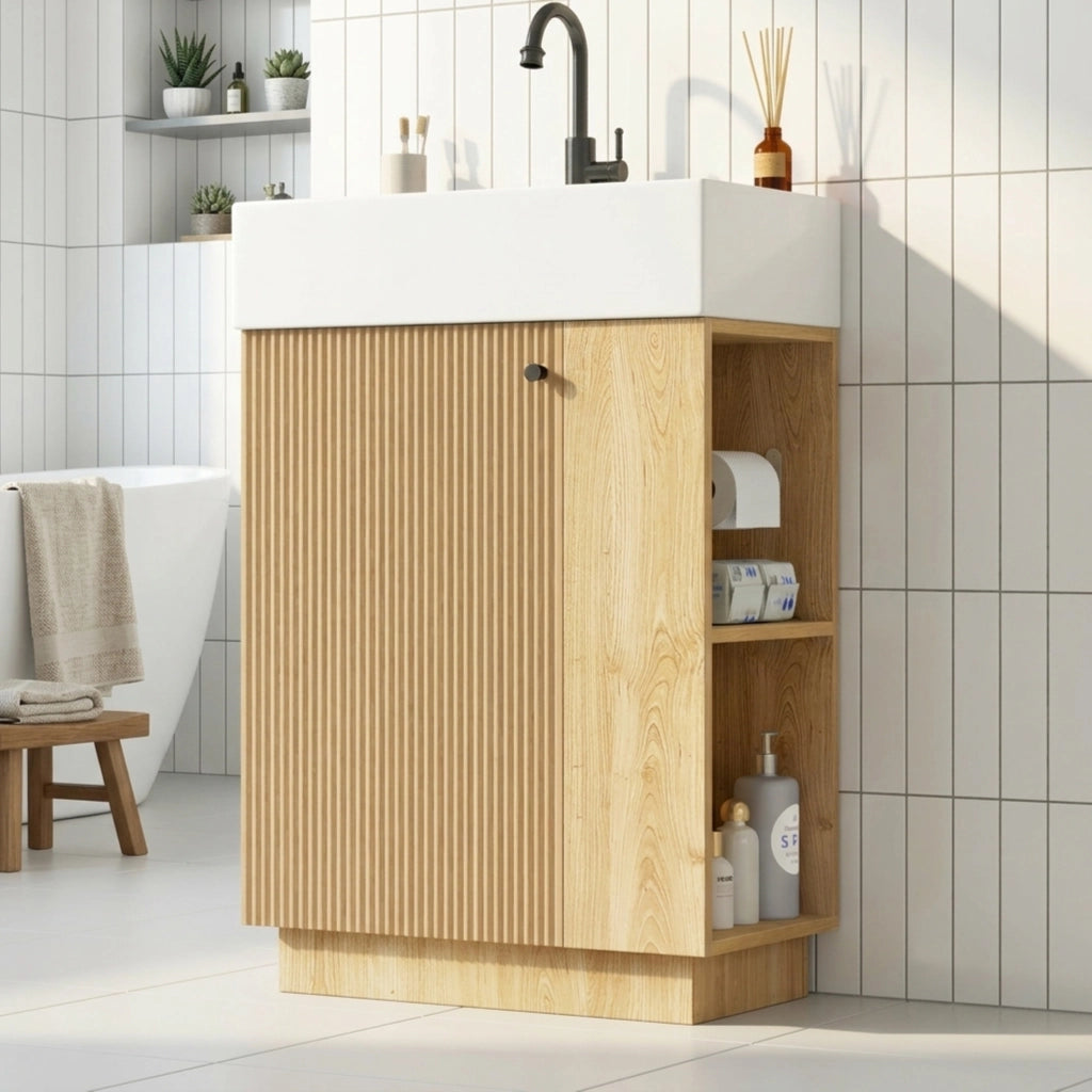 Mobile sottolavabo con lavabo in ceramica, 1 anta, ripiani aperti e porta carta igienica, per bagno, 55 × 32 × 87 cm
