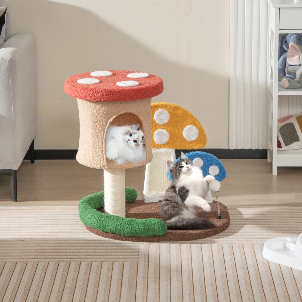 Albero per gatti 4-in-1 con condo e piattaforma palo avvolto in sisal, Torre per gattini a forma di fungo Colorato-Alberi Tiragraffi