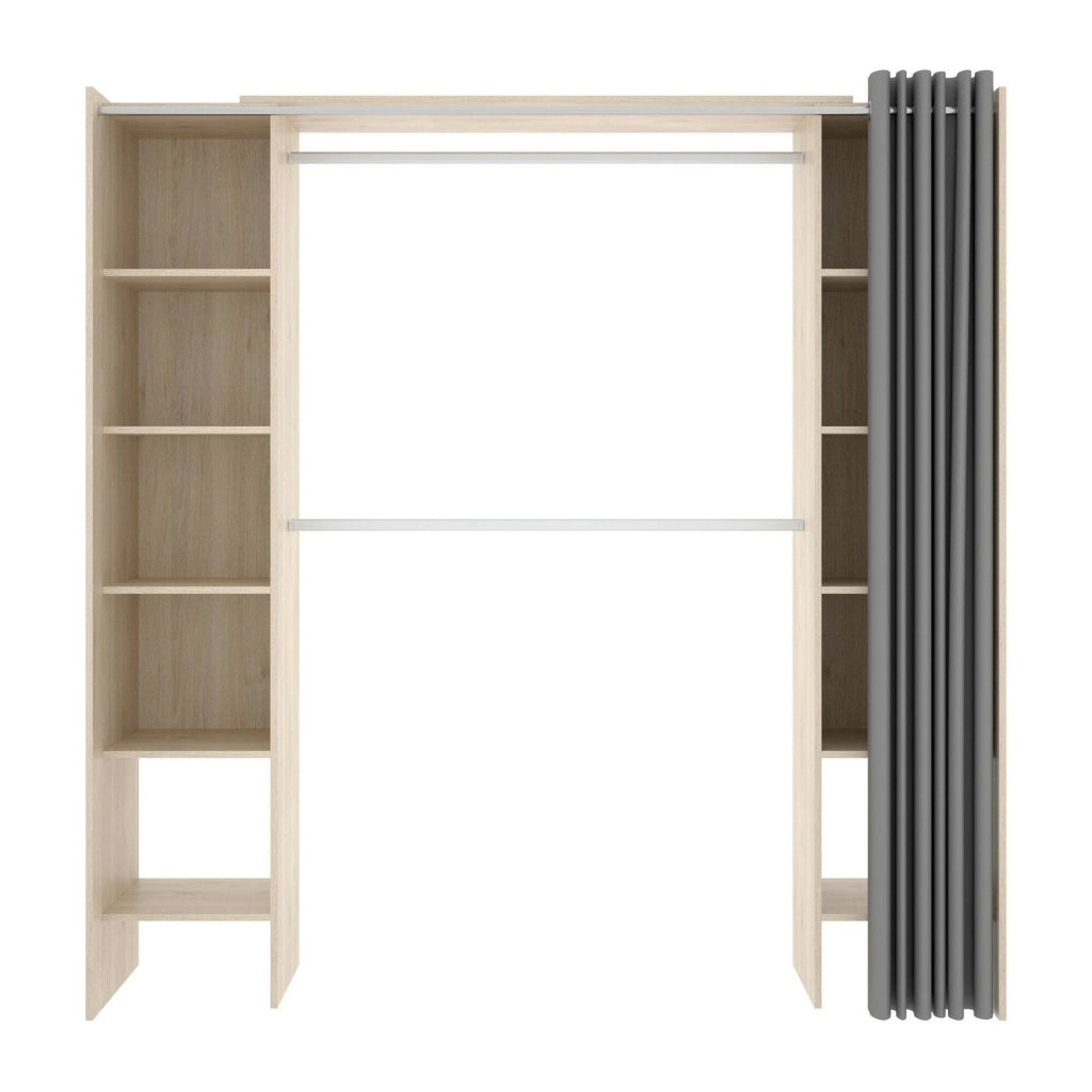 Guardaroba Arim, Struttura per cabina armadio con tenda, Mobile appendiabiti aperto, 160x50h203 cm, Rovere