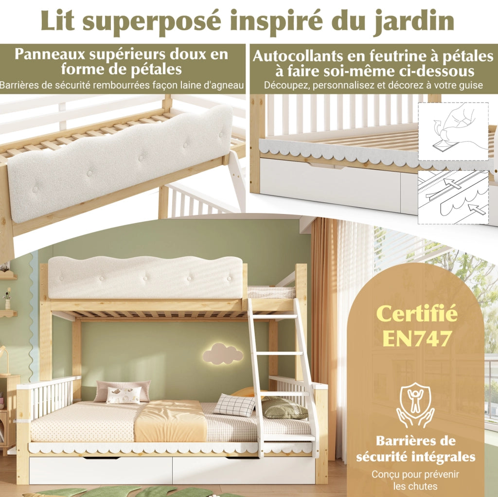 Letto a castello 90x200/140x200 cm con cassetti e portariviste; bianco e rovere