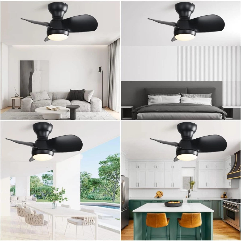 Ventilatore da soffitto nero camera letto 58 cm con luce led tricolore dimmerabile 18w 3 pale abs telecomando motore dc 220v