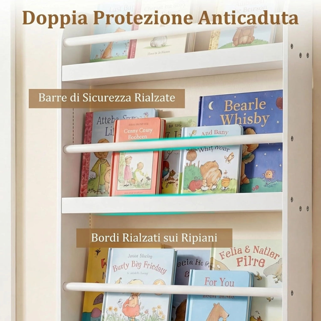 Libreria da Parete per Bambini, Scaffale Portaoggetti a 4 Livelli con Barre di Protezione e Bordi Rialzati, Libreria Salvaspazio per Cameretta per Bambini 3+ Anni, 56 x 12 x 107 cm (Bianco)