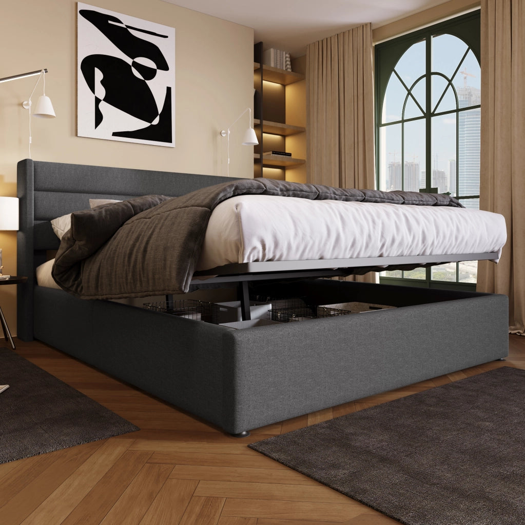 Letto contenitore imbottito idraulico 140x200 cm in lino grigio