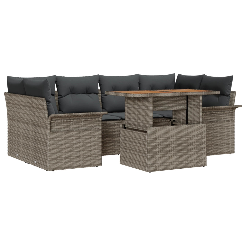 Set da giardino a 7 pezzi di con cuscini in polirattan grigio e acacia