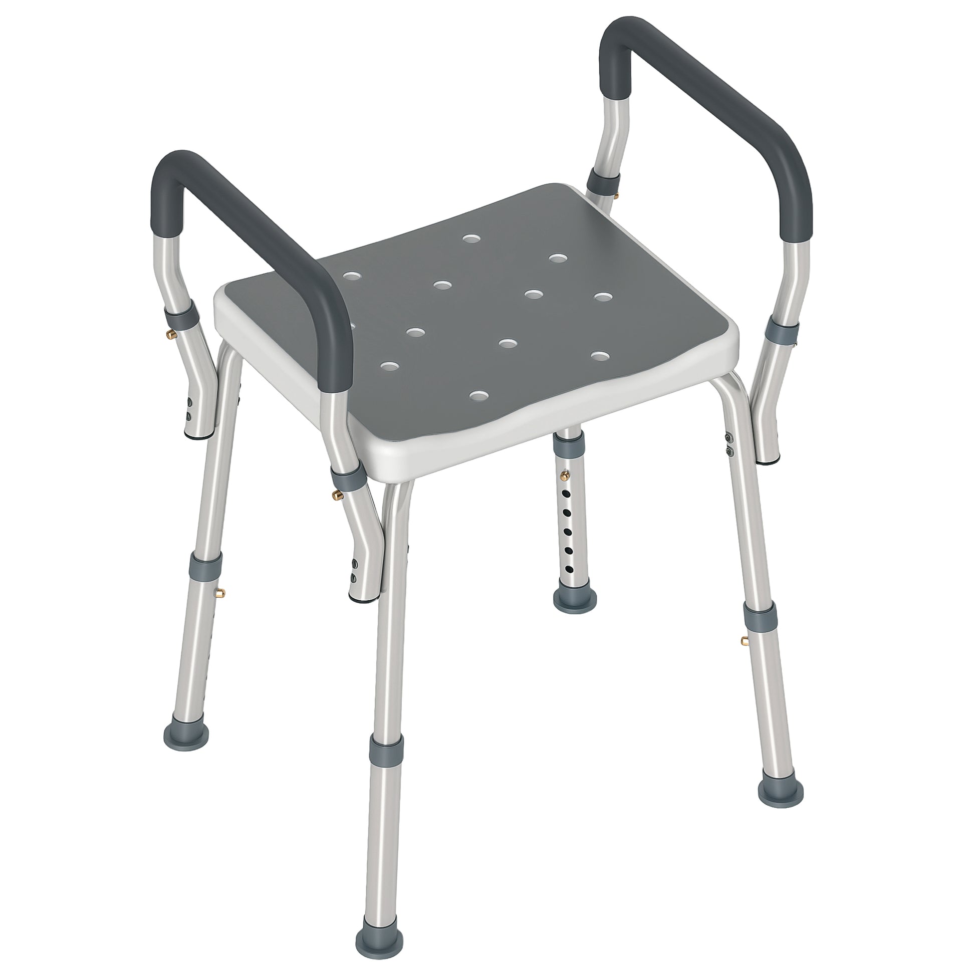 Sgabello per Doccia Regolabile 52x45x57-69 cm con Braccioli e Fori di Drenaggio in Alluminio Grigio