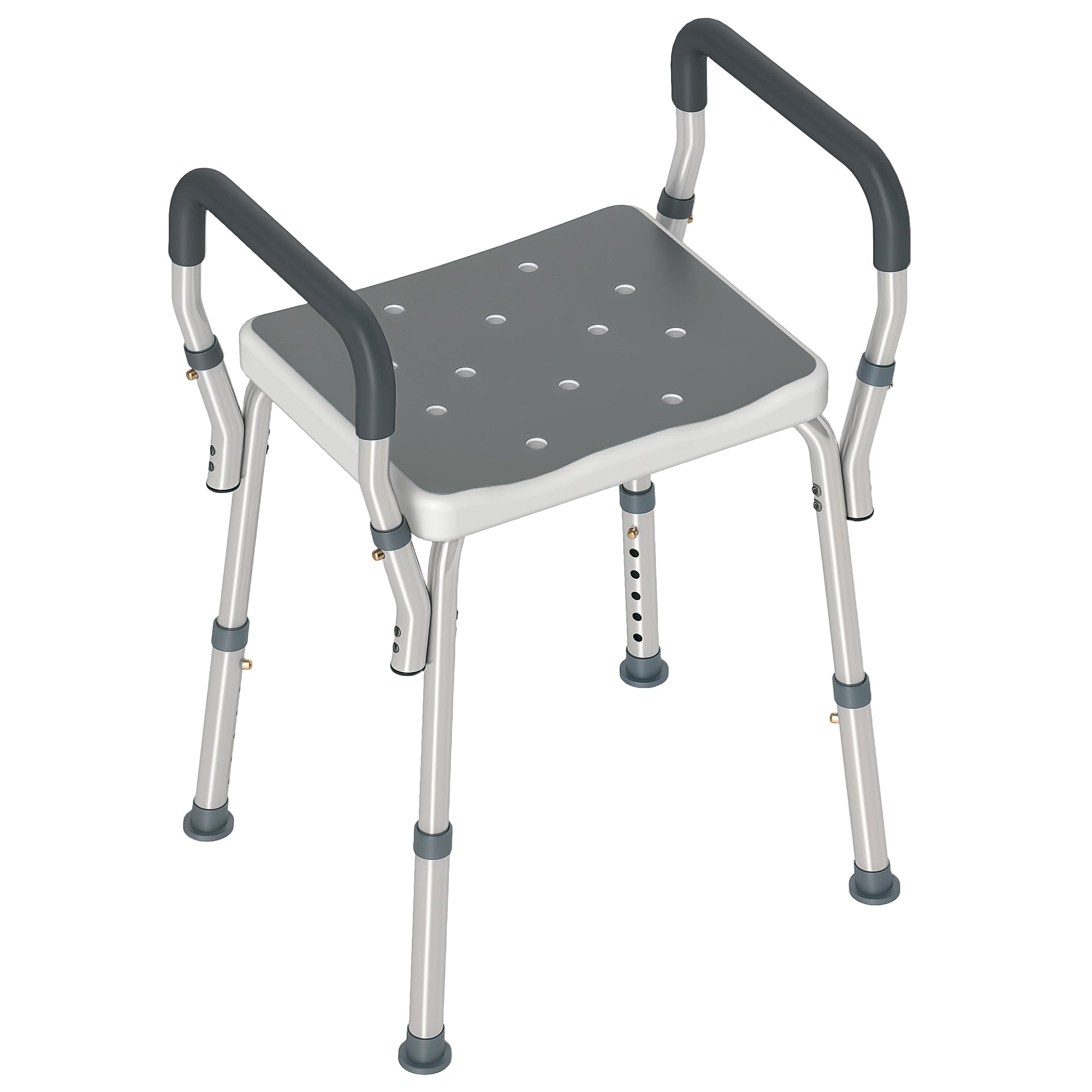 Sgabello per Doccia Regolabile 52x45x57-69 cm con Braccioli e Fori di Drenaggio in Alluminio Grigio