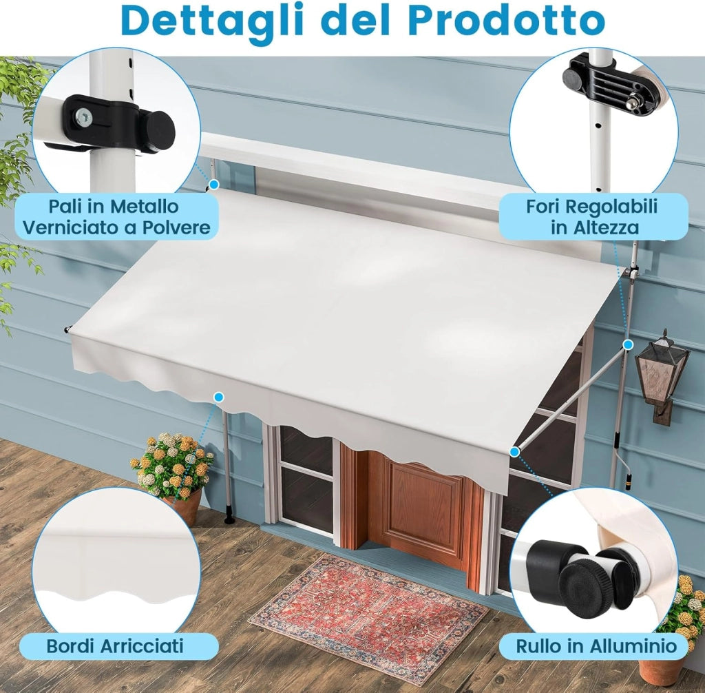 Tenda da Sole a Morsetto, Tenda per Balcone Senza Foratura Altezza e Inclinazione Regolabili con Manovella, Telo Impermeabile e Resistente ai Raggi Solari e Telaio Antiruggine (2,5M,Bianco)