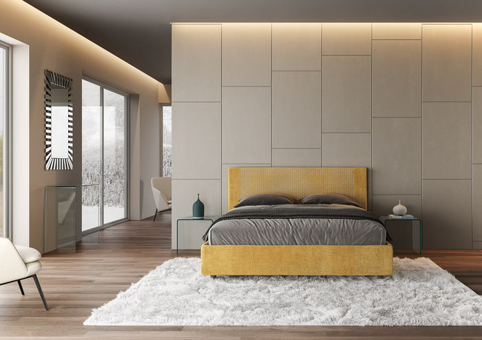 Letto Matrimoniale 160x210 cm con Rete e Contenitore con Testata e Alzata Comoda Imbottito in Tessuto Labirinto Rosal