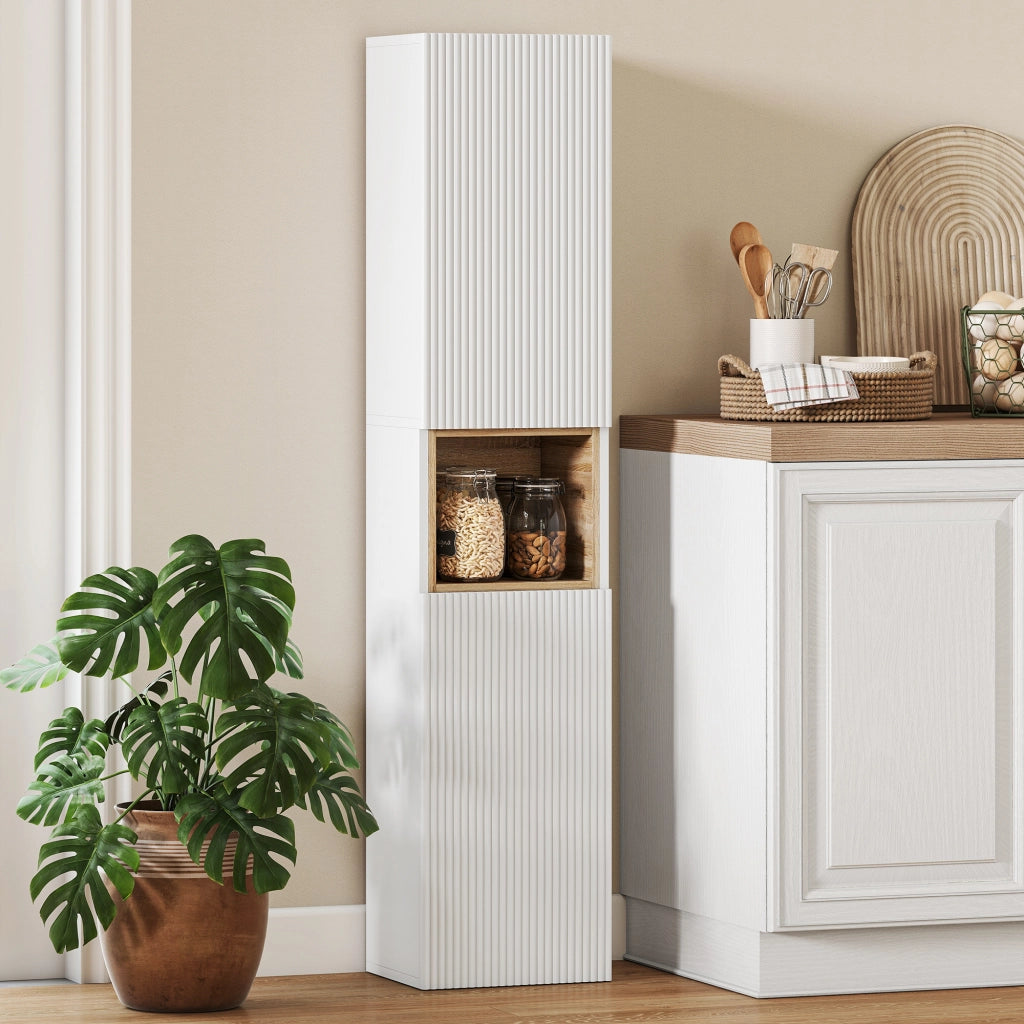 Mobile da Bagno a 2 Ante con Ripiano Aperto e Regolabile ¨C zephmum ¨C Legno, Bianco, 30x24x140 cm