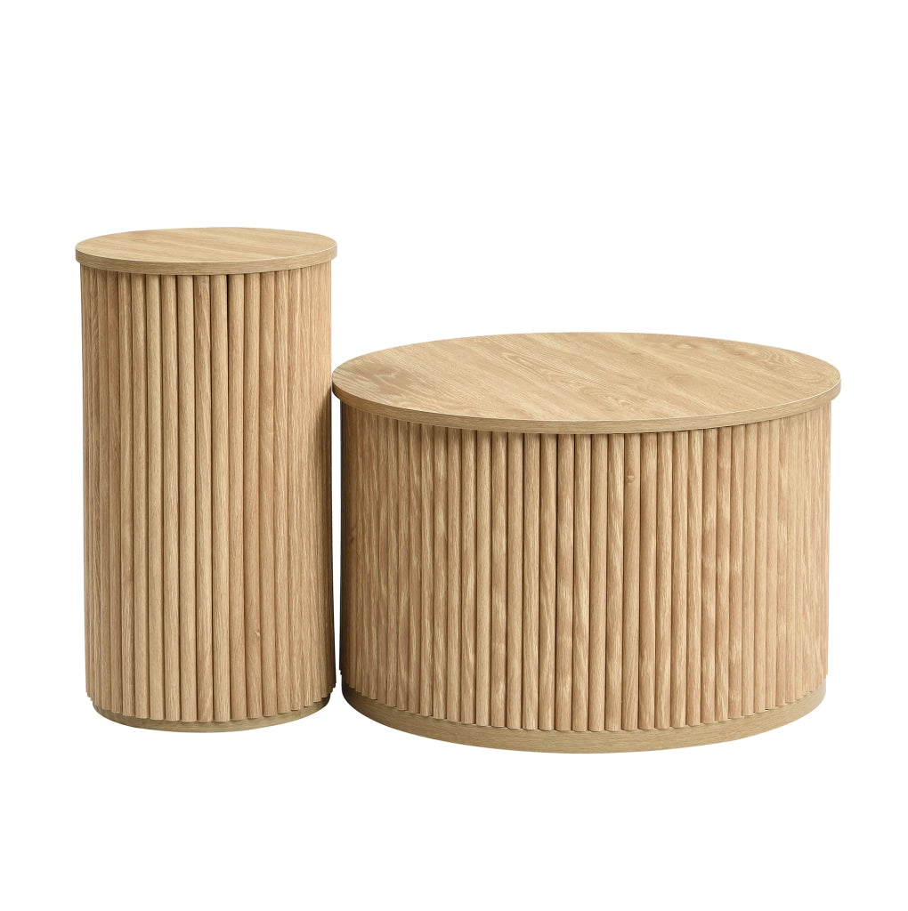 Set di 2 tavolini da caffè rotondi con motivo a strisce verticali; 60x60x38;5 cm e 30x30x56 cm; MDF naturale