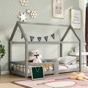 DESMIU Letto a casetta per bambini 1 posto con lavagna e sponde di sicurezza, 90 × 200 cm, senza materasso, legno massello grigio