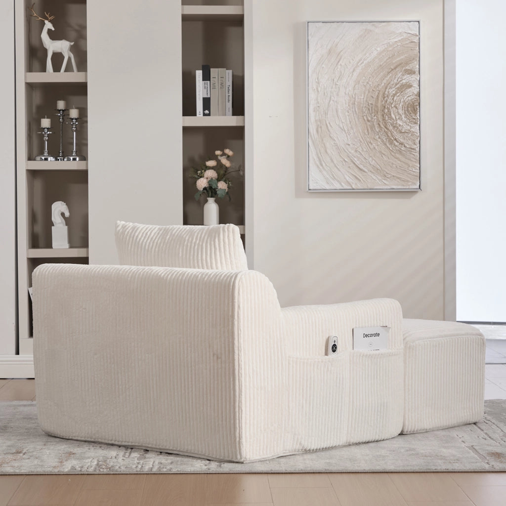 OKWISH Poltrona con Poggiapiedi in Velluto a Coste Seduta Profonda con Tasche Laterali e Cuscino Beige