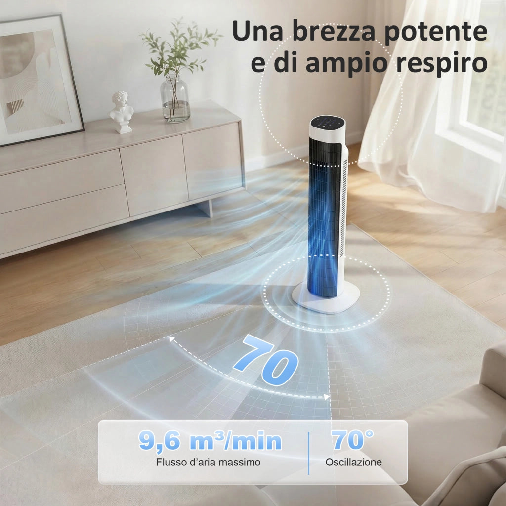 Ventilatore a Torre da Pavimento, Oscillante 70¡ã, 80 cm, Bianco e Nero