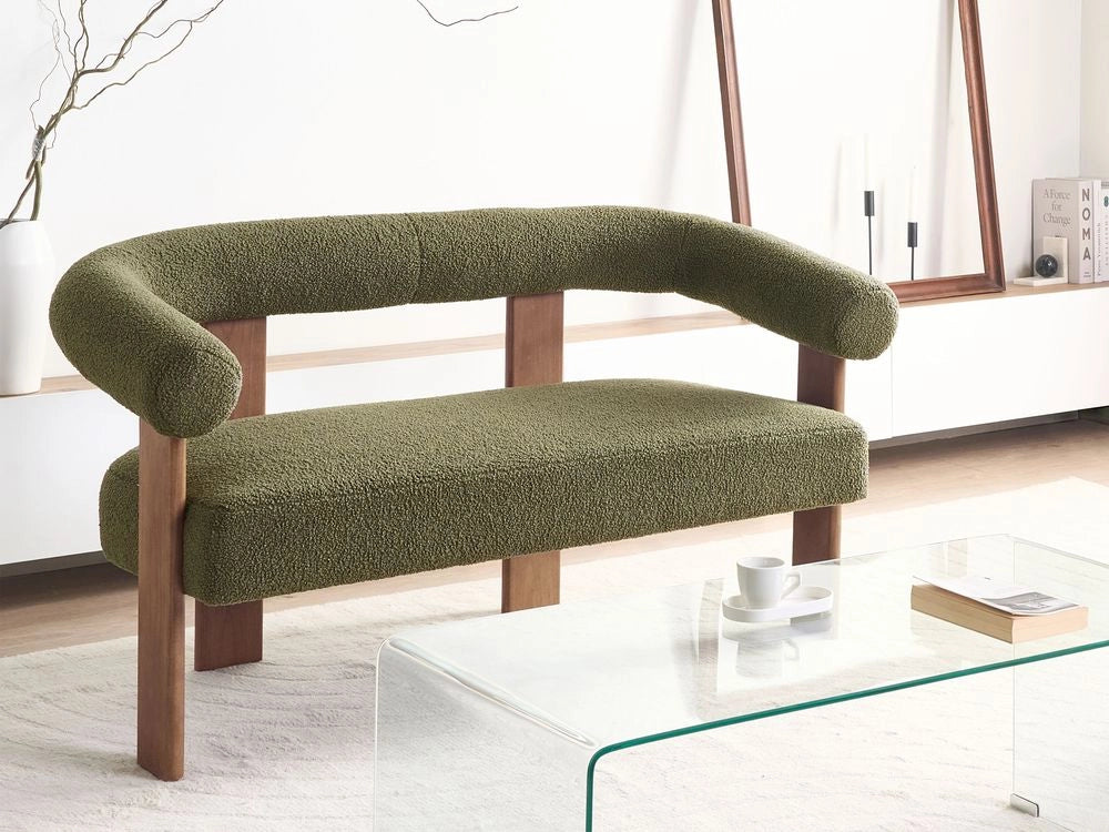 Divano a 2 posti Boucle Verde e Marrone Scuro stile retrò gambe in legno