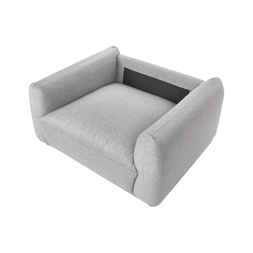 Poltrona da salotto con schienale in tessuto e gambe in legno grigio chiaro stile moderno