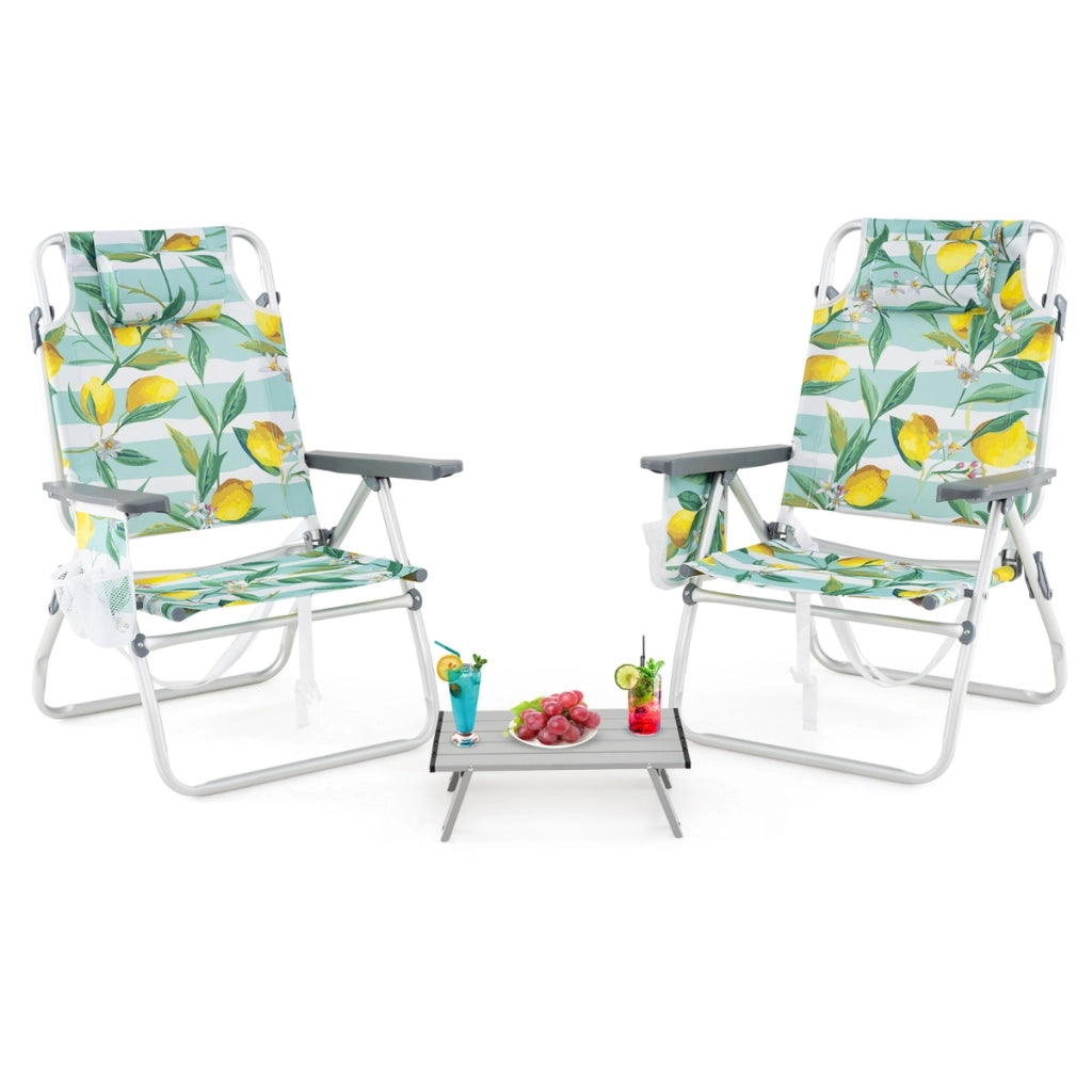 Sedie da giardino a 2 posizioni con tavolino laterale per picnic all'aperto-Set di sedie da spiaggia pieghevoli e tavolino Verde chiaro