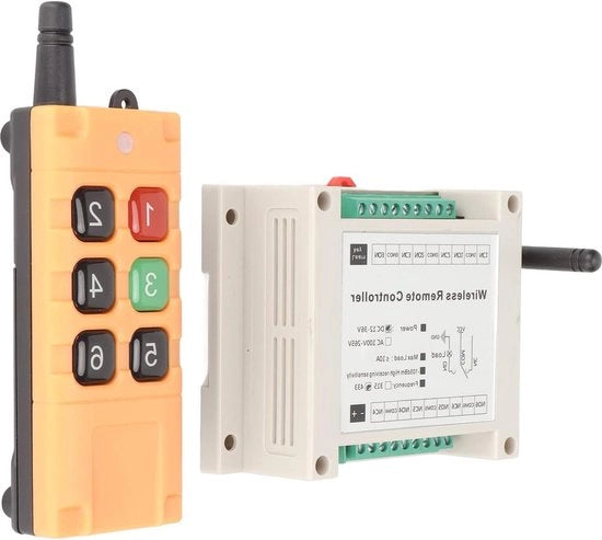 Relè a 6 canali RF con chiusura a tempo di attimo per uso domestico, compatibile con porte e dispositivi domestici, alimentazione 12-36V 10A, controllo a distanza wireless.