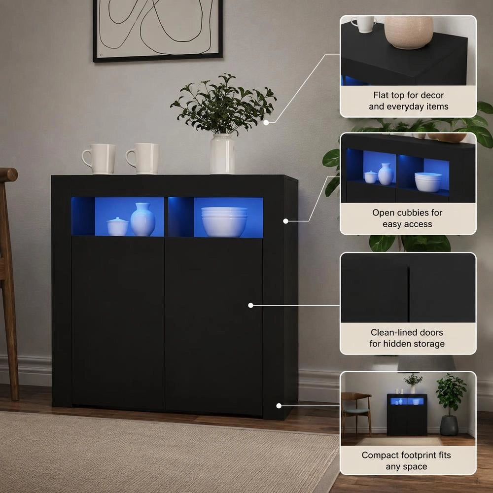 Sideboard With LED Lights, Black, 80x35x75 Cm