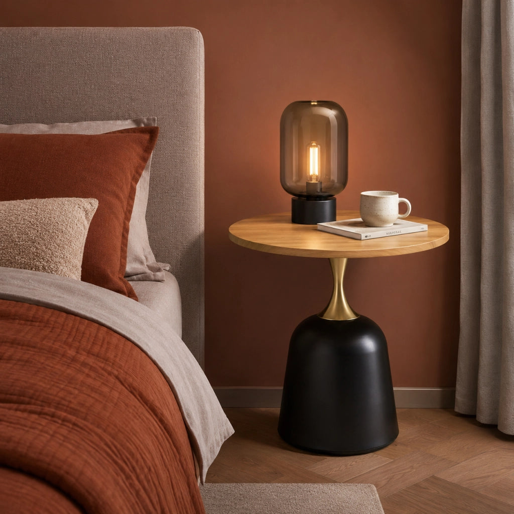 Tavolino basso rotondo in melamina con base metallica, stile nordico, per soggiorno e ufficio, legno, 70 × 69 × 40 cm