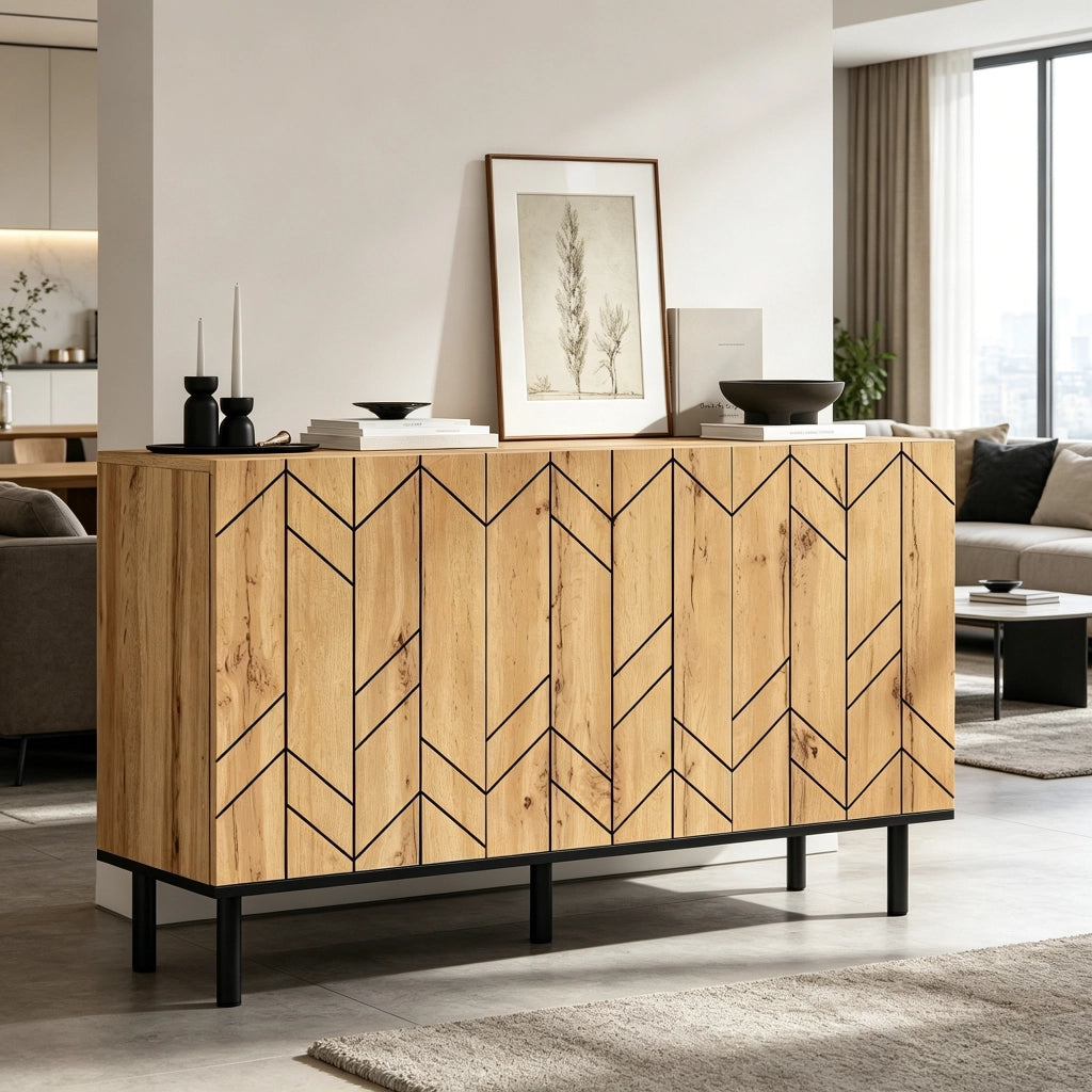 Sideboard moderno 120x35x70 cm con 3 ante, motivo ondulato e gambe in metallo
