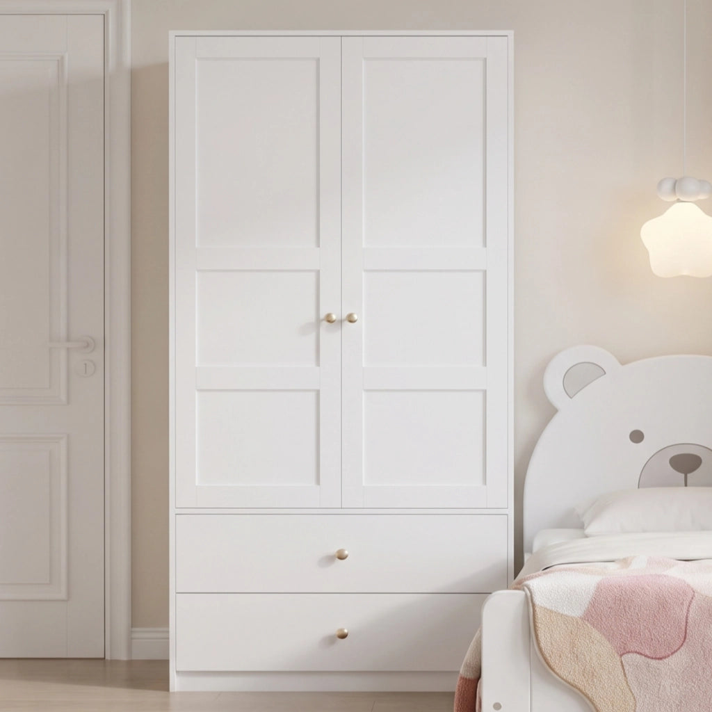 Armadio 2 ante con 2 cassetti e barra appendiabiti in MDF bianco per camera da letto 100 × 48 × 180 cm
