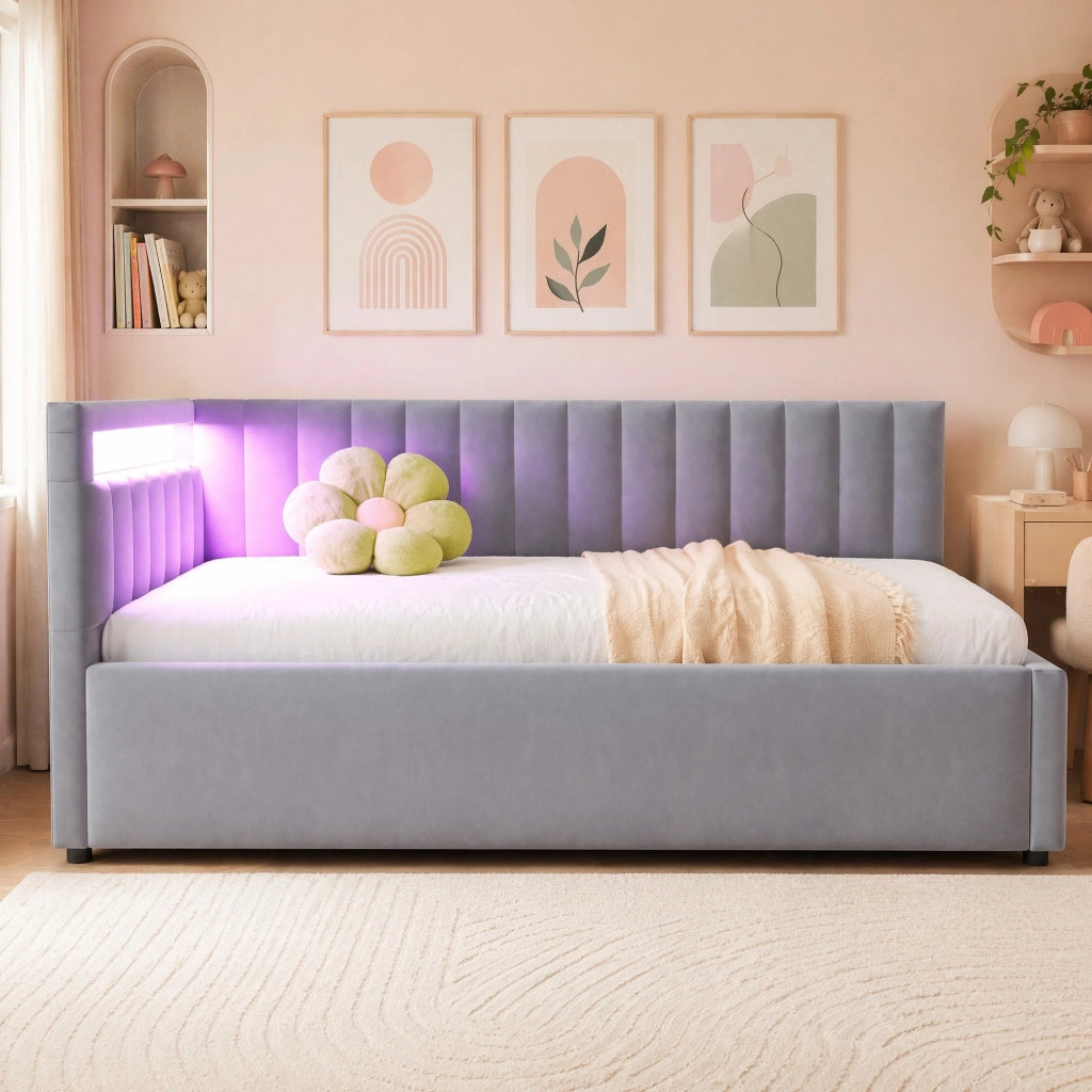 LETTO Contenitore 90x200 cm Grigio in velluto con LED