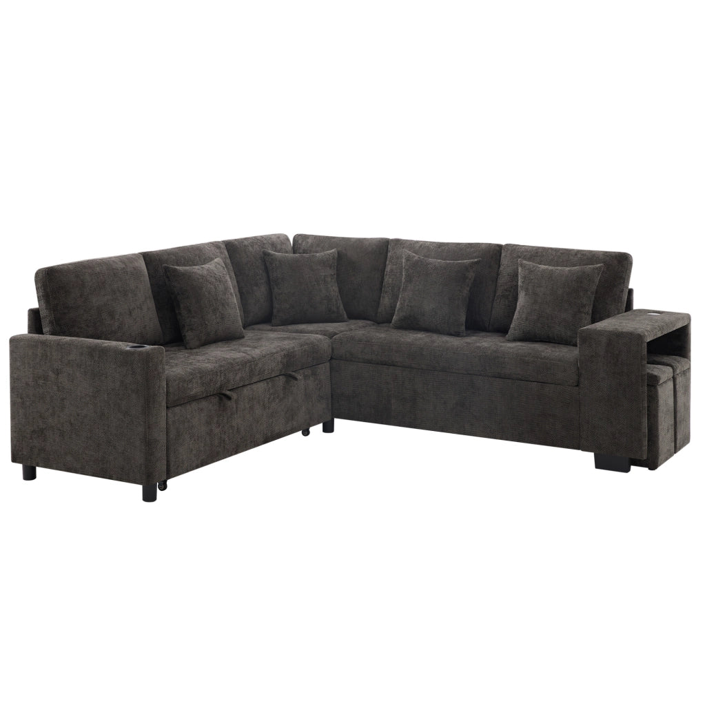 Divano letto angolare modulare 220 cm in ciniglia grigia con chaise longue reversibile e USB