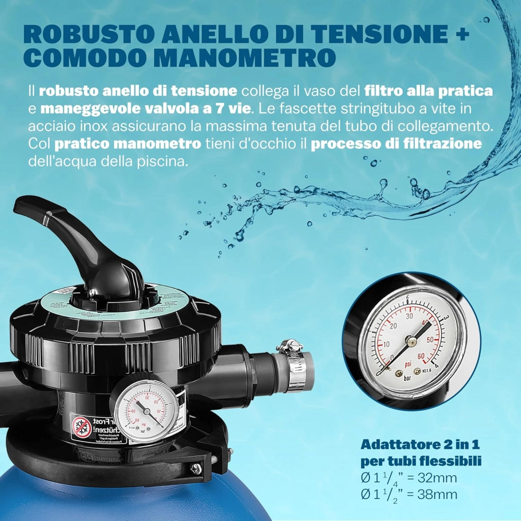® Pompa Filtro Piscina a 7 Vie 9.600 L/h Serbatoio 25 L Pompaggio a Sabbia Prefiltro