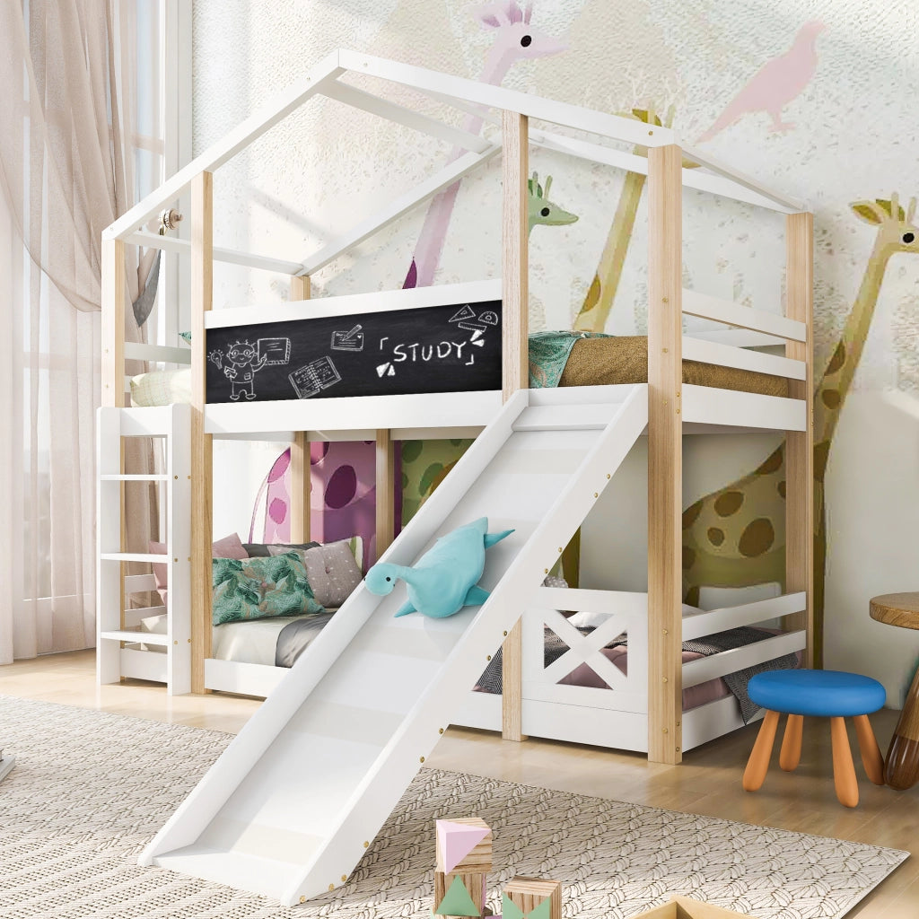 Letto a castello per bambini 90x200 cm con scivolo, scala e rete a doghe in legno massello bianco