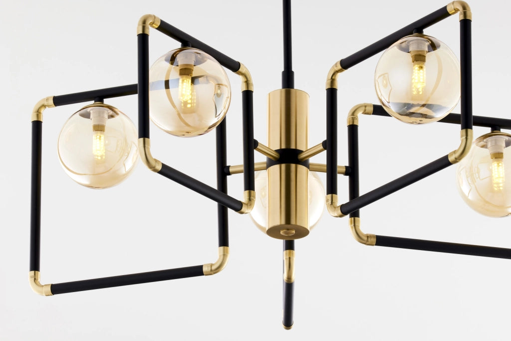 Lampadario moderno nero oro vetro ambra 5xG9 Jupiter
