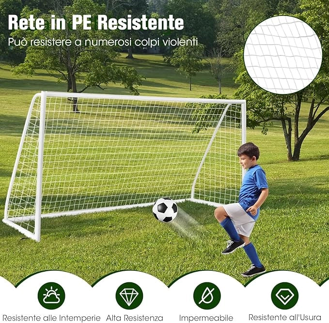 Porto per Calcio per Bambini, Rete da Calcio Resistente alle Intemperie e Telaio in UPVC con Pali di Fissaggio e Coni da Calcio per Allenamenti in Cortile