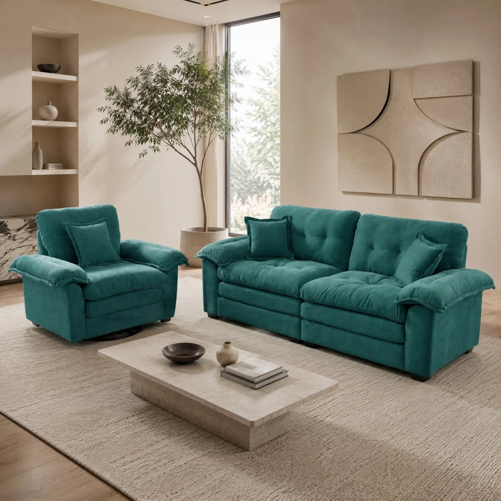 Divano dritto 3 posti con cuscini, seduta profonda e memory foam, in ciniglia, verde