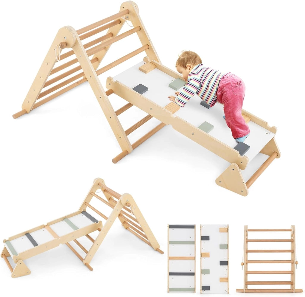 Set di Arrampicata per Bambini 3 in 1, Arrampicata in Legno Pieghevole con Rampetta a Doppia Faccia e Triangolo di Arrampicata Regolabile, Triangolo Montessoriana per Bambini 3+ Anni