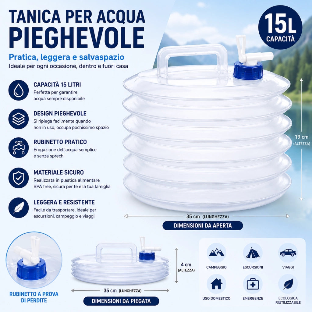 Tanica Acqua Pieghevole Con Rubinetto 10L 15L 15 Litri