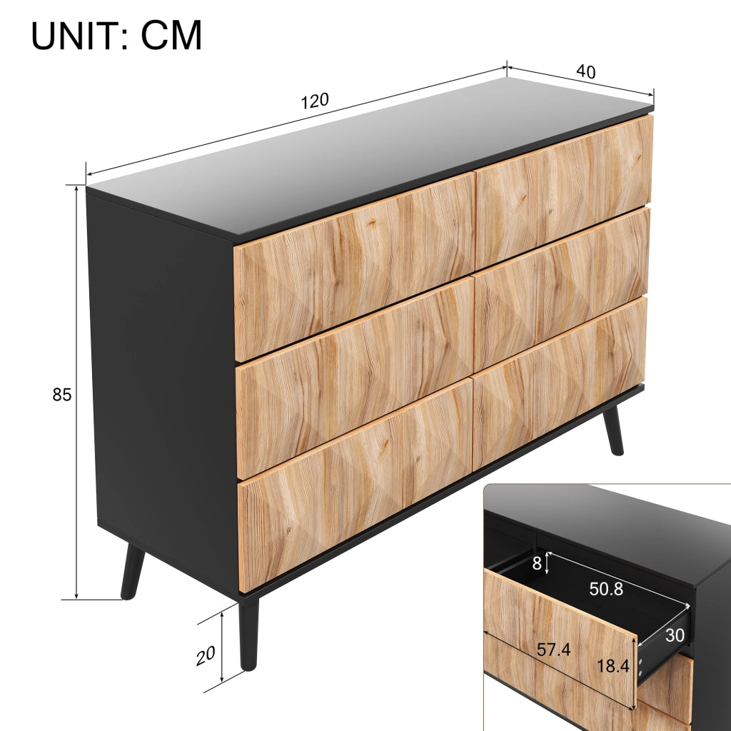 Credenza con 6 Cassetti; Frontali in Rilievo e Maniglie a Scomparsa; Stile Moderno; in MDF; Nero e Naturale; 120??40??85 cm