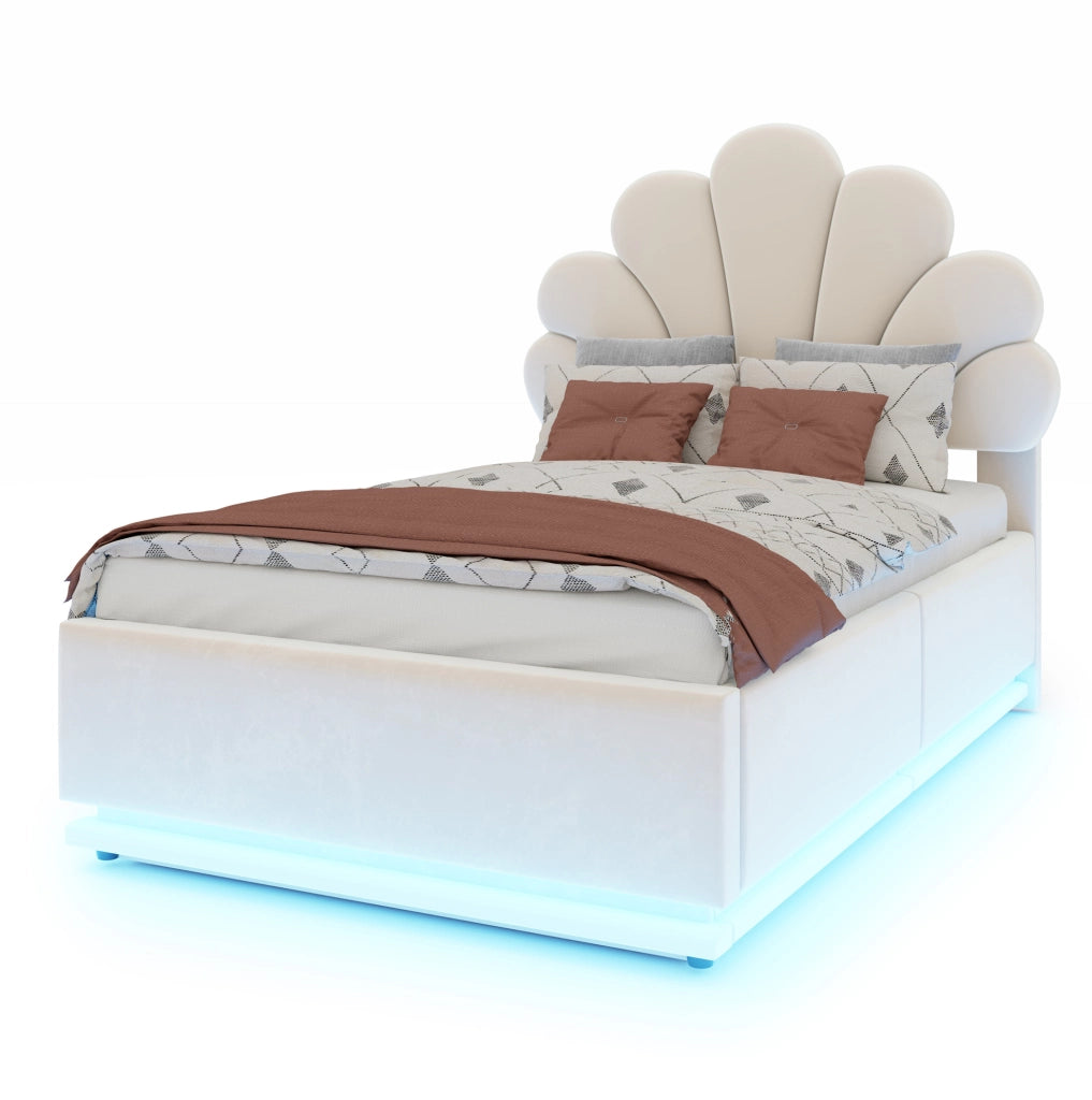 Letto imbottito 90x200 cm in velluto beige con testiera a fiore; contenitore e LED