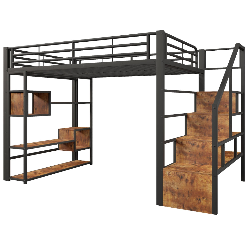 Letto a soppalco 140x200 in metallo e MDF; scala integrata; LED multicolore; nero