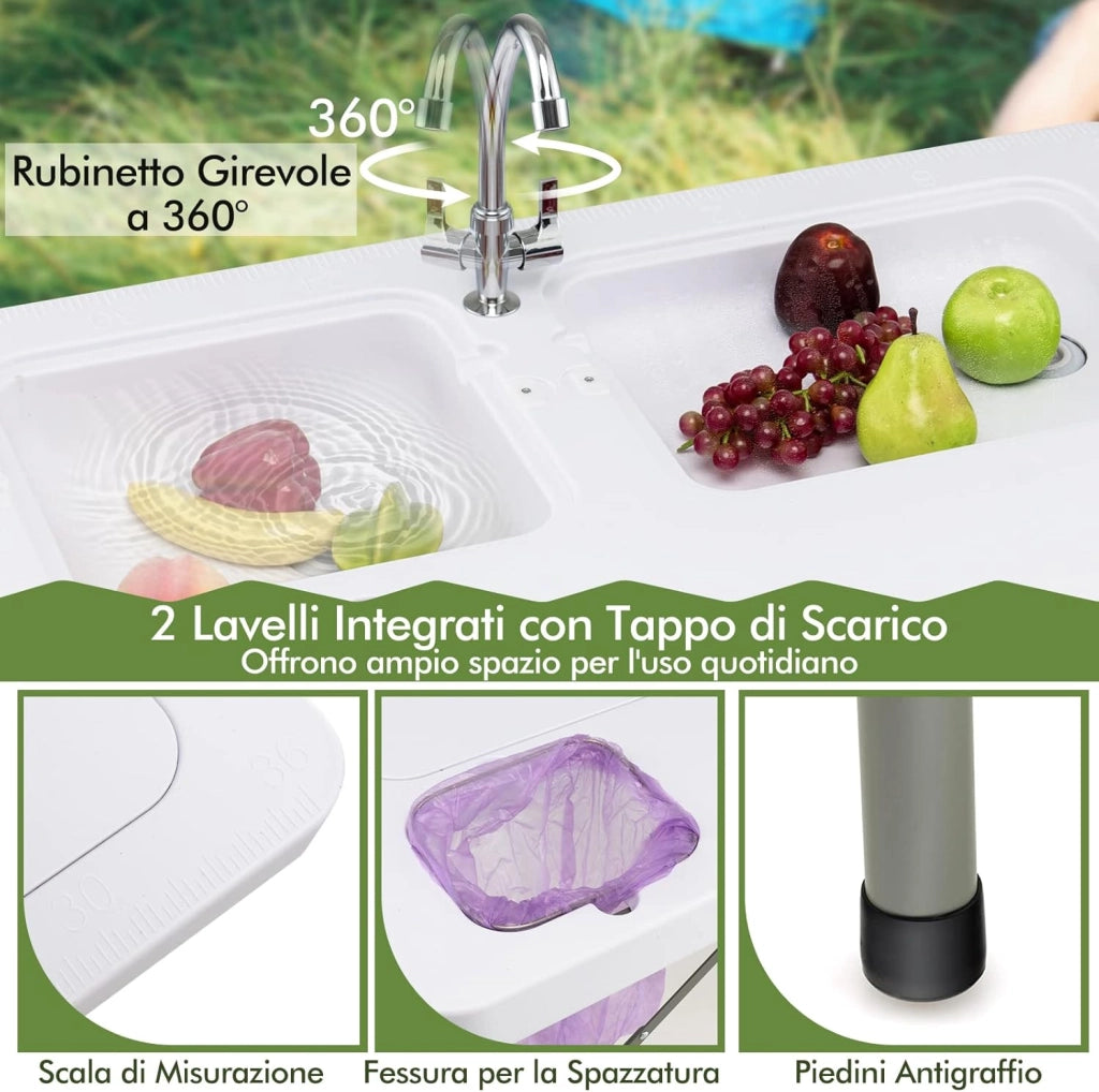 Tavolo da Campeggio Portatile, Tavolo Pieghevole con 2 Lavandini, Rubinetto Girevole a 360°, Tavolo da Esterno per Picnic, Barbecue e Pesca, 101,5 x 65,5 x 107,5 cm, Portata 150 kg
