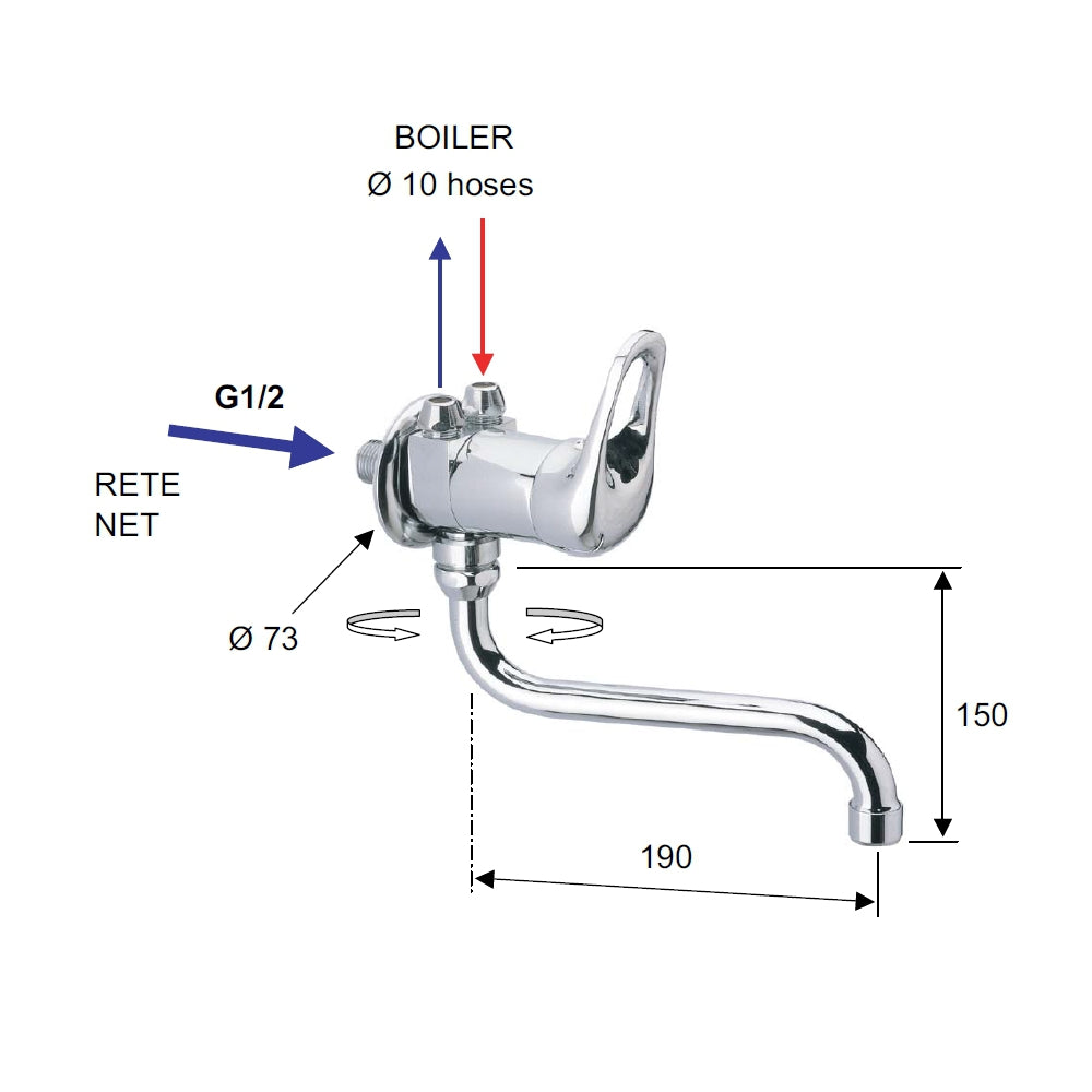 Rubinetto per lavello a muro con bocca girevole, per bassa pressione - serie kiss