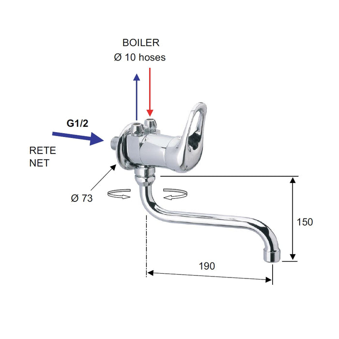 Rubinetto per lavello a muro con bocca girevole, per bassa pressione - serie kiss